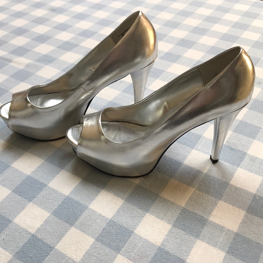 Silver platform peep toe heels